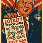 Vintage propaganda-style cartoon of Donald Trump smiling in a dark suit and red tie, holding up a large ‘Loyalty Punch Card’ labeled ‘Republican Rewards’ filled with red GOP elephant icons, with cheering ‘ALLY’ silhouettes behind him on the left and a worried man holding a ‘DOJ’ folder on the right, all in a bold red, navy, and cream color palette with poster-like rays in the background