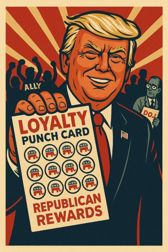 Vintage propaganda-style cartoon of Donald Trump smiling in a dark suit and red tie, holding up a large ‘Loyalty Punch Card’ labeled ‘Republican Rewards’ filled with red GOP elephant icons, with cheering ‘ALLY’ silhouettes behind him on the left and a worried man holding a ‘DOJ’ folder on the right, all in a bold red, navy, and cream color palette with poster-like rays in the background