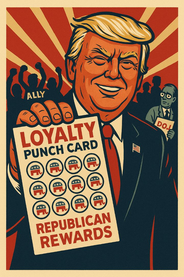 Vintage propaganda-style cartoon of Donald Trump smiling in a dark suit and red tie, holding up a large ‘Loyalty Punch Card’ labeled ‘Republican Rewards’ filled with red GOP elephant icons, with cheering ‘ALLY’ silhouettes behind him on the left and a worried man holding a ‘DOJ’ folder on the right, all in a bold red, navy, and cream color palette with poster-like rays in the background