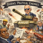 Satirical illustration titled Bidens Political Enemies showing Joe Biden riding a tank labeled HUD toward Scott Turner, who is holding a report titled Disparate Impact Theory, with a Chicago recycling plant depicted on the left and a property appraisers group on the right.