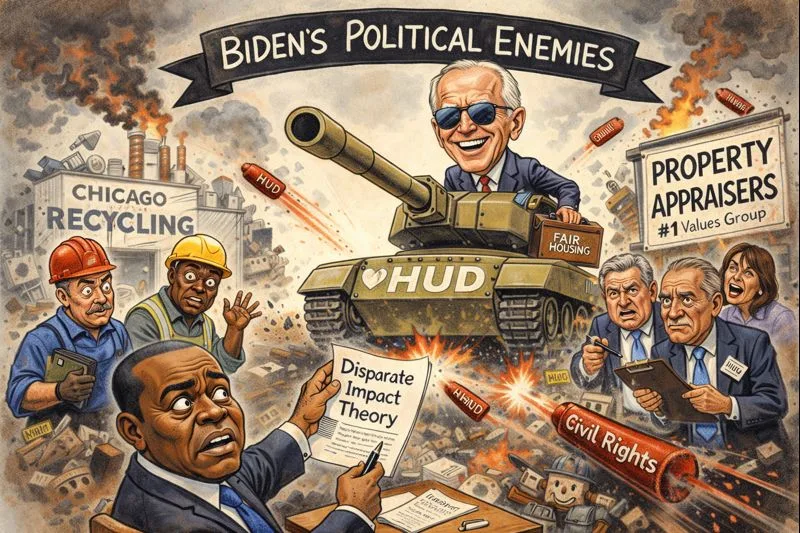 Satirical illustration titled Bidens Political Enemies showing Joe Biden riding a tank labeled HUD toward Scott Turner, who is holding a report titled Disparate Impact Theory, with a Chicago recycling plant depicted on the left and a property appraisers group on the right.