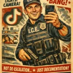 Satirical illustration of a confused ICE agent holding up a cellphone to record while a car approaches with its turn signal blinking, highlighting misplaced priorities and failure to de-escalate in a tense law-enforcement encounter.