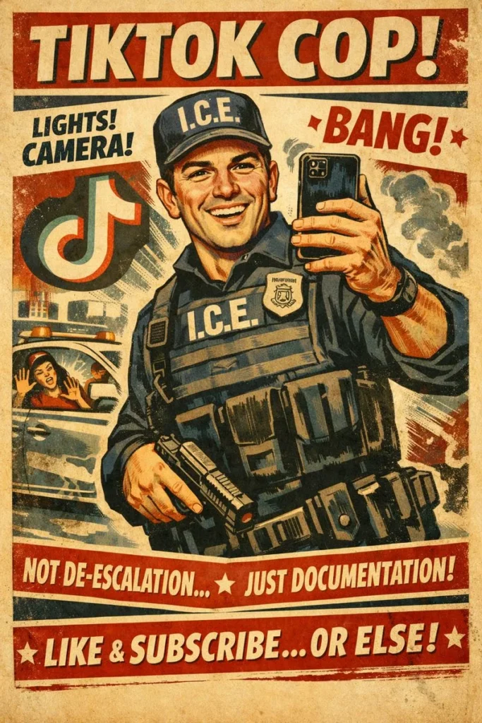 Satirical illustration of a confused ICE agent holding up a cellphone to record while a car approaches with its turn signal blinking, highlighting misplaced priorities and failure to de-escalate in a tense law-enforcement encounter.