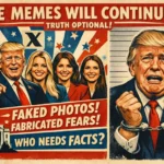 Stylized propaganda-style illustration of Donald Trump’s New York mugshot reimagined with an exaggerated crying expression and hands in handcuffs, rendered in bold red, blue, and cream tones to emphasize emotional distortion and political satire.