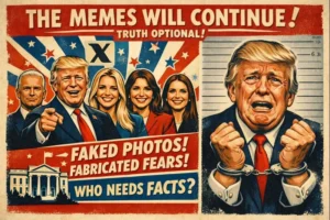 Stylized propaganda-style illustration of Donald Trump’s New York mugshot reimagined with an exaggerated crying expression and hands in handcuffs, rendered in bold red, blue, and cream tones to emphasize emotional distortion and political satire.