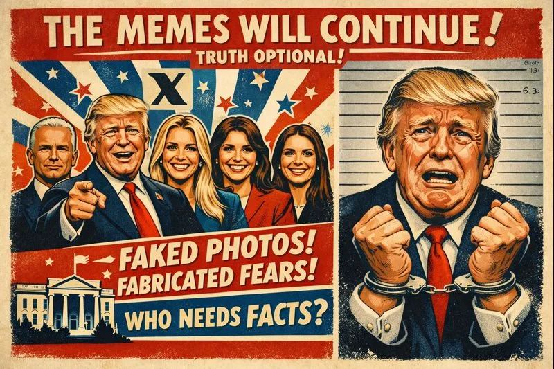 Stylized propaganda-style illustration of Donald Trump’s New York mugshot reimagined with an exaggerated crying expression and hands in handcuffs, rendered in bold red, blue, and cream tones to emphasize emotional distortion and political satire.