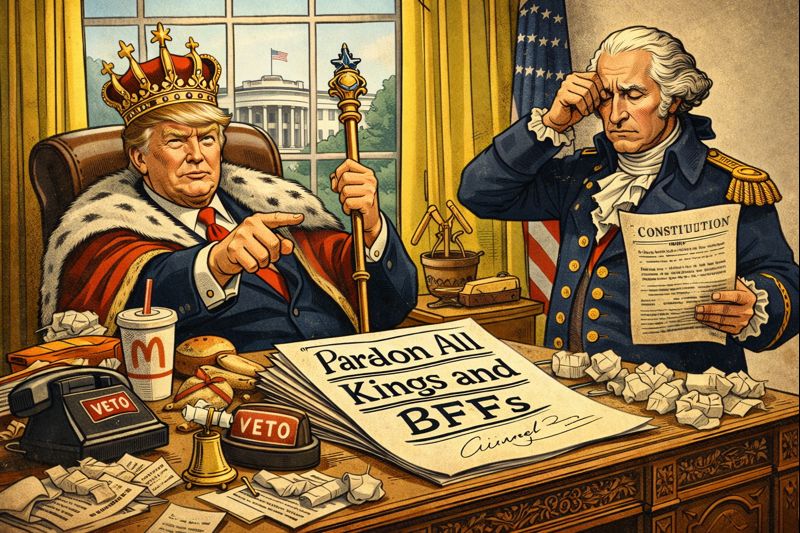 Satirical illustration of Donald Trump portrayed as a crowned king lounging behind the Oval Office desk, holding a scepter and pointing forward, with fast food wrappers, veto stamps, and a mock executive order titled “Pardon All Kings and BFFs” spread across the desk. George Washington stands beside him in colonial uniform, holding the Constitution and rubbing his forehead in visible frustration, with the White House seen through the window, emphasizing the comedic contrast between monarchy and constitutional restraint.