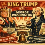 Vintage propaganda style illustration showing Donald Trump depicted as a crowned king on the left, pointing outward and holding a scepter, contrasted with George Washington on the right in Revolutionary War uniform holding the Constitution. Bold text reads “King Trump vs. George Washington,” with slogans including “I am your retribution,” “I can do whatever I want,” and “Power must have limits.” The White House and Liberty Bell appear in the background, emphasizing a clash between monarchy and constitutional restraint.