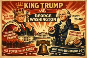 Vintage propaganda style illustration showing Donald Trump depicted as a crowned king on the left, pointing outward and holding a scepter, contrasted with George Washington on the right in Revolutionary War uniform holding the Constitution. Bold text reads “King Trump vs. George Washington,” with slogans including “I am your retribution,” “I can do whatever I want,” and “Power must have limits.” The White House and Liberty Bell appear in the background, emphasizing a clash between monarchy and constitutional restraint.