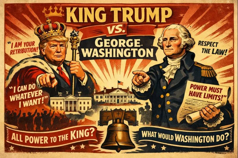 Vintage propaganda style illustration showing Donald Trump depicted as a crowned king on the left, pointing outward and holding a scepter, contrasted with George Washington on the right in Revolutionary War uniform holding the Constitution. Bold text reads “King Trump vs. George Washington,” with slogans including “I am your retribution,” “I can do whatever I want,” and “Power must have limits.” The White House and Liberty Bell appear in the background, emphasizing a clash between monarchy and constitutional restraint.
