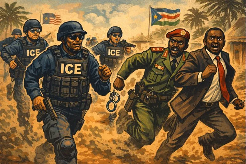 Satirical illustration showing U.S. immigration agents in tactical gear chasing suited politicians across a rural South Sudan setting, with palm trees, small buildings, and national flags in the background, depicting the idea of American law enforcement pursuing foreign political rivals abroad.