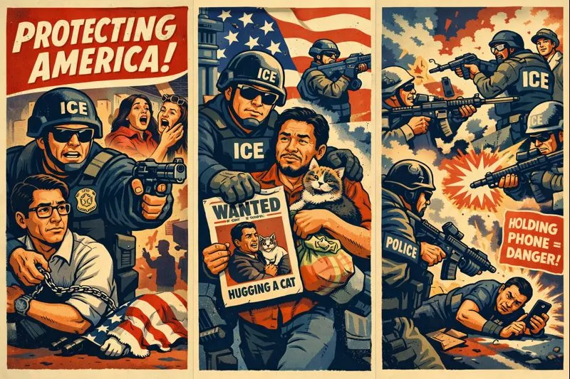 Three-column vintage propaganda-style illustration. Left panel: an ICE agent in tactical gear arrests a U.S. citizen, hands restrained, under an American flag. Center panel: an ICE agent detains a calm, cat-hugging immigrant while holding a “WANTED” poster depicting a man hugging a cat. Right panel: multiple ICE agents in full tactical gear point rifles and create chaos amid civilians and debris. Bold red, navy, and cream palette with halftone texture emphasizes satirical contrast across the panels.