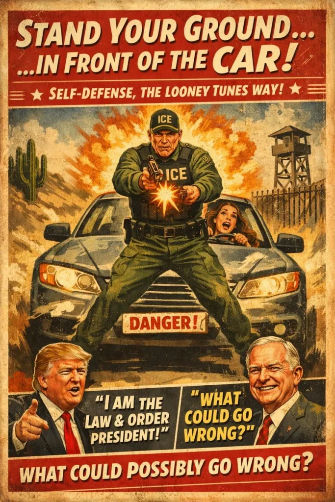 Satirical vintage-style propaganda poster showing an ICE agent standing in front of a moving car while firing a gun, with exaggerated danger imagery, desert border scenery, and bold text reading “Stand Your Ground… in Front of the Car,” mocking law-and-order rhetoric alongside caricatures of Republican leaders.