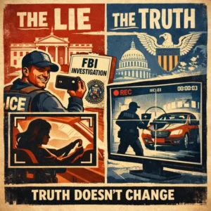 Vintage propaganda style infographic titled TRUENATION THE LIE VS THE TRUTH dated January 2026 Minneapolis. Left column THE LIE shows a stylized woman driving a car fast toward an ICE agent with an aggressive angry expression matching the official claim that she tried to run an agent over. Right column THE TRUTH shows an ICE agent approaching a car holding a cellphone and a handgun shown inside a video recording frame suggesting the encounter was documented. Bottom sections show a pattern band reading Narrate Label Retaliate plus Why it matters and What to watch in red blue and cream poster colors with a distressed texture.