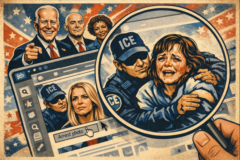 Satirical propaganda-style illustration showing government officials smiling in front of an ICE arrest scene while a magnifying glass reveals a digitally altered version of a woman’s face, exaggerated to appear frightened and crying, with visual cues referencing photo manipulation and official messaging.