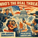 Vintage propaganda-style illustration with the text “WHO’S THE REAL THREAT?” across the top. The U.S. Capitol rises in the background beneath a large American flag. In the foreground, heavily armed ICE agents in tactical gear point assault rifles toward civilians labeled as law-abiding immigrants and peaceful protesters. One protester holds up a cellphone, another cradles a cat, both unarmed and visibly frightened. The scene uses bold red, navy, and cream colors with a retro halftone texture, creating a satirical contrast between aggressive federal force and harmless civilian behavior.