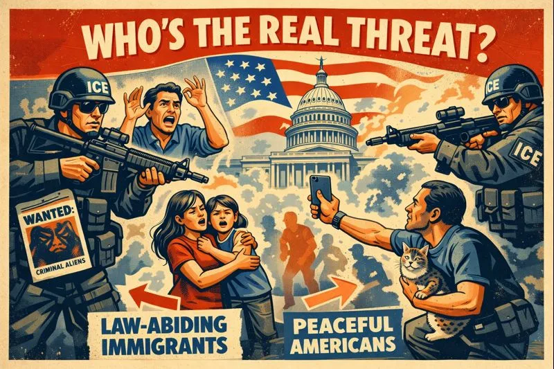 Vintage propaganda-style illustration with the text “WHO’S THE REAL THREAT?” across the top. The U.S. Capitol rises in the background beneath a large American flag. In the foreground, heavily armed ICE agents in tactical gear point assault rifles toward civilians labeled as law-abiding immigrants and peaceful protesters. One protester holds up a cellphone, another cradles a cat, both unarmed and visibly frightened. The scene uses bold red, navy, and cream colors with a retro halftone texture, creating a satirical contrast between aggressive federal force and harmless civilian behavior.